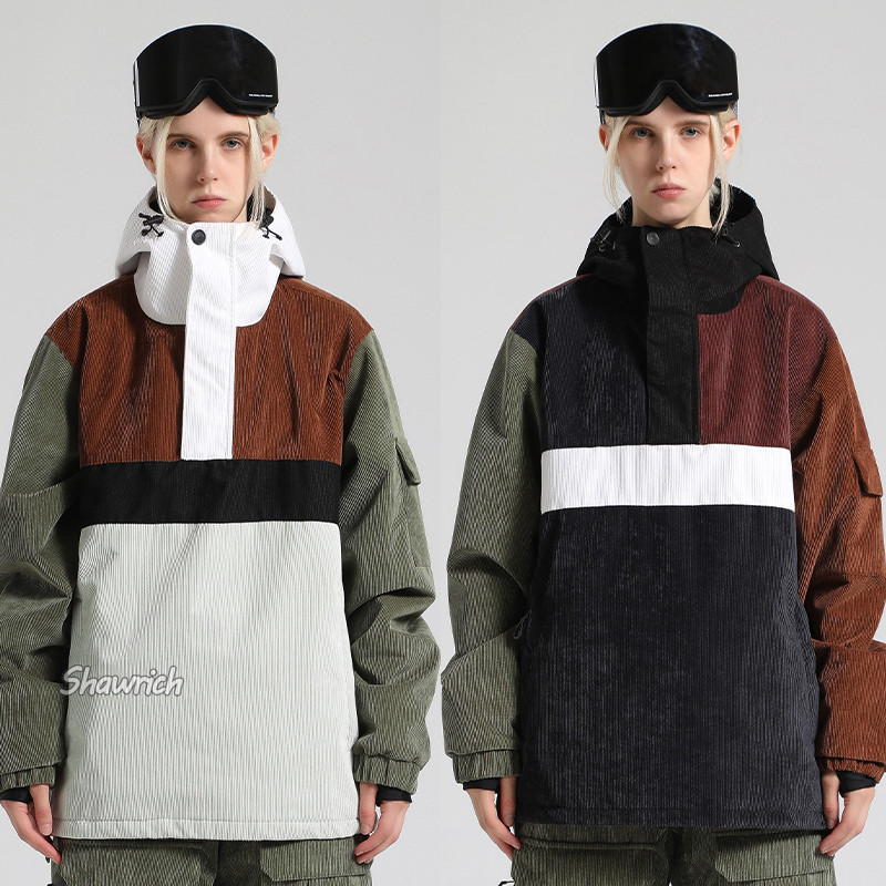 送料無料 スノーボード ウェア スキーウェア パーカー ジャケット トップス アウター コーデュロイ レディース メンズ スノボウェア 半ジップアップ プルオーバー 防風 防水 保温 防寒 スキー場 雪場 雪遊び 耐水度15000mm 2023 切り替え 配色 ハイネック 楽天海外通販
